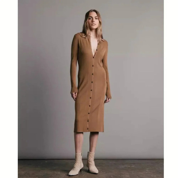 Rag & Bone Pacey Button Down Midi Dress Ribbed Knit in Light Brown size XXS - Picture 2 of 8